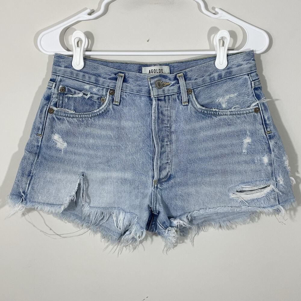 Agolde Light Blue Distressed Denim Jean Shorts